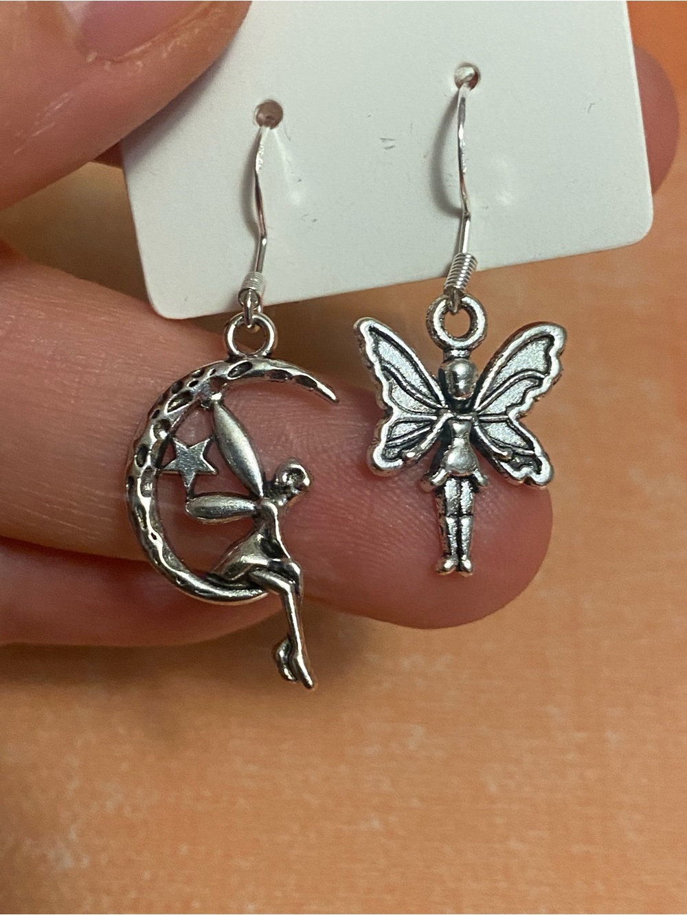 Silver Fairy and Moon Dangle Earrings for Women